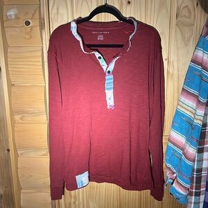 American Eagle Burgundy Vintage Quilt patchwork Henley Top